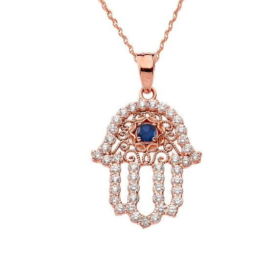 CHIC BLUE SAPPHIRE HAMSA PENDANT NECKLACE IN ROSE GOLD : 10K Pendant with 20" chain