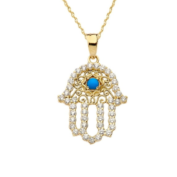 CHIC DIAMOND & TURQUOISE HAMSA PENDANT NECKLACE IN YELLOW GOLD : 10K Pendant with 18" chain