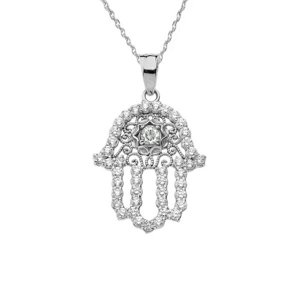 CHIC DIAMOND & WHITE TOPAZ HAMSA PENDANT NECKLACE IN WHITE GOLD : 10K Pendant with 18" chain