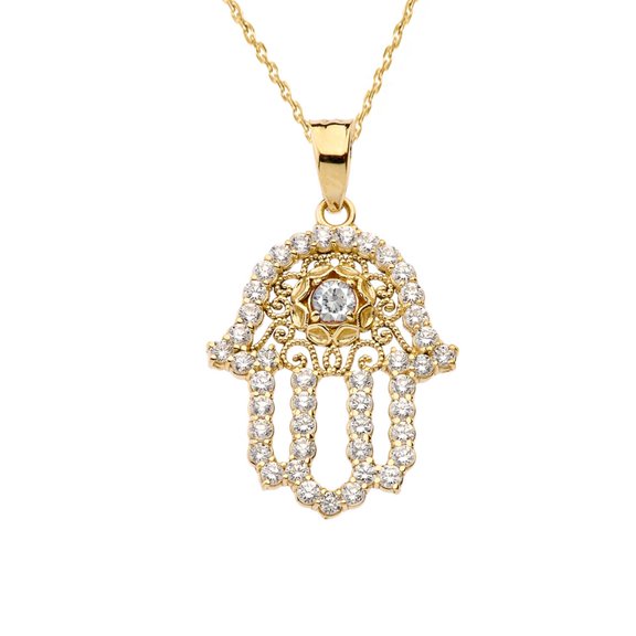 CHIC DIAMOND & WHITE TOPAZ HAMSA PENDANT NECKLACE IN YELLOW GOLD : 10K Pendant with 20" chain