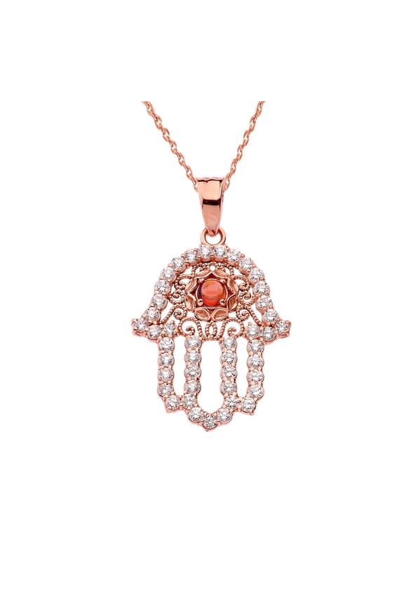 CHIC GENUINE GARNET HAMSA PENDANT NECKLACE IN ROSE GOLD : 10K Pendant with 16" chain