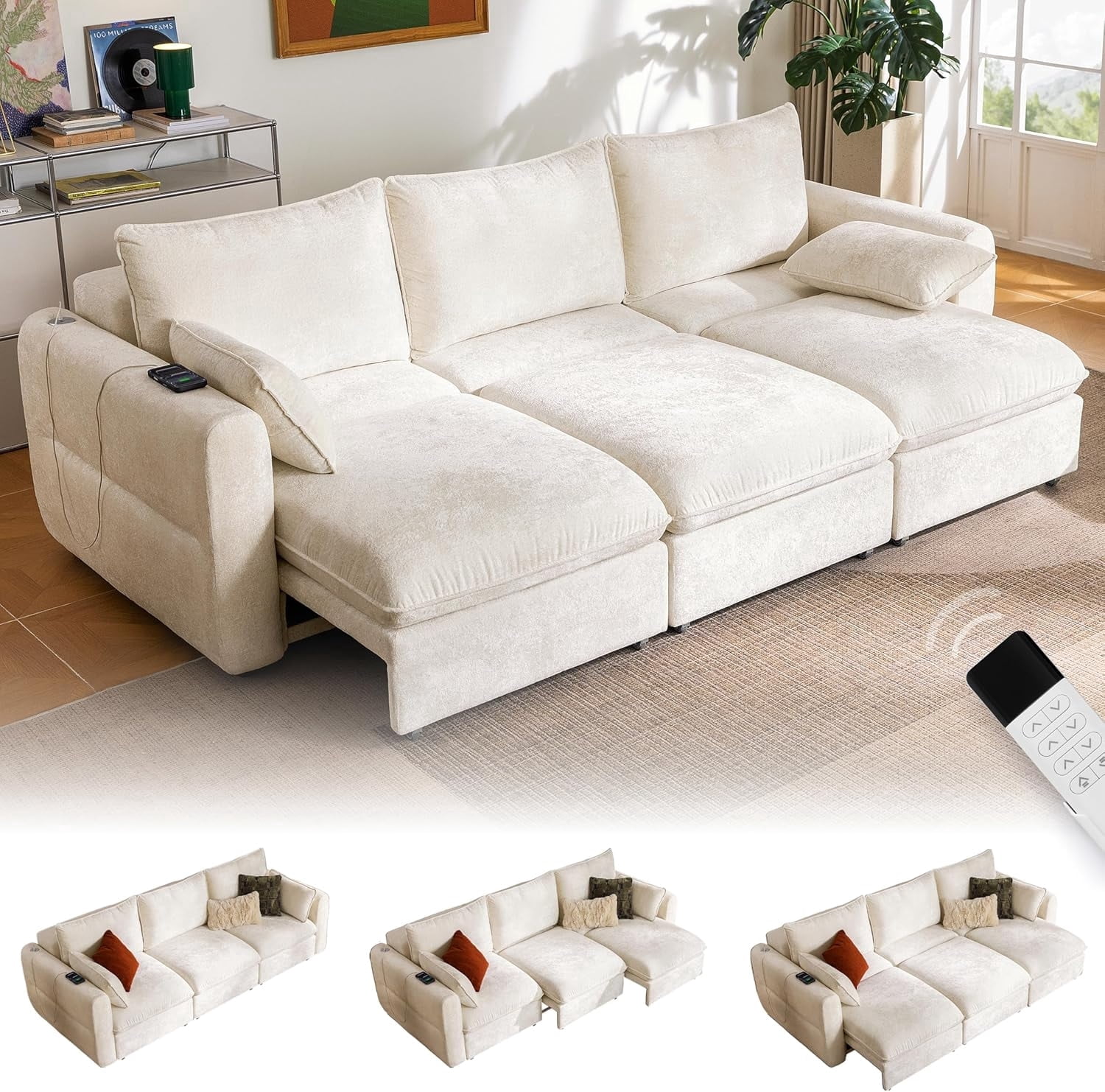CHIC HOUSE 104" Electric Extendable Sofa Bed with Triple Motor, Convertible Smart Power Reclining Sleeper Sofa Deep Seat 3-Seat Couch with Solid Wood Frame in Velvet, Beige