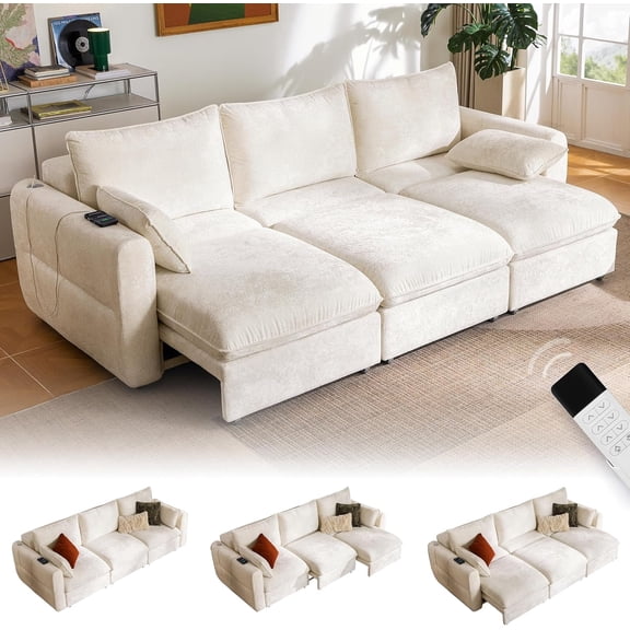CHIC HOUSE 104" Electric Extendable Sofa Bed with Triple Motor, Convertible Smart Power Reclining Sleeper Sofa Deep Seat 3-Seat Couch with Solid Wood Frame in Velvet, Beige