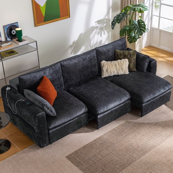 CHIC HOUSE 104" Electric Extendable Sofa Bed with Triple Motor, Convertible Smart Power Reclining Sleeper Sofa Deep Seat 3-Seat Couch with Solid Wood Frame in Velvet, Black