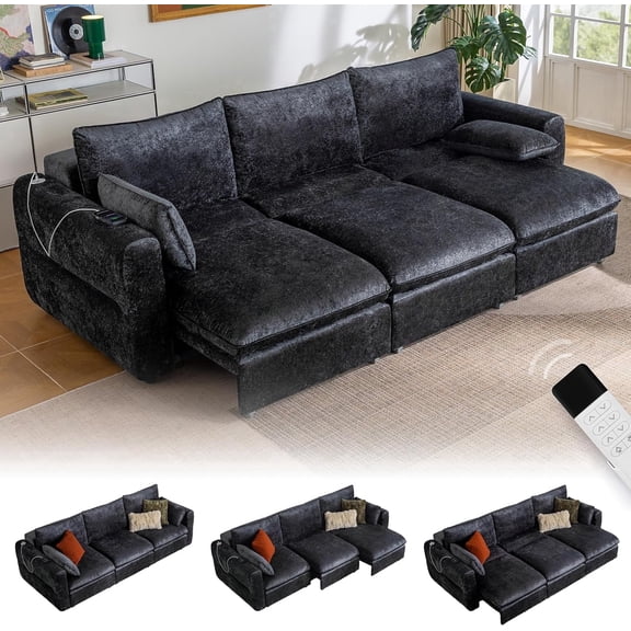 CHIC HOUSE 104" Electric Extendable Sofa Bed with Triple Motor, Convertible Smart Power Reclining Sleeper Sofa Deep Seat 3-Seat Couch with Solid Wood Frame in Velvet, Black