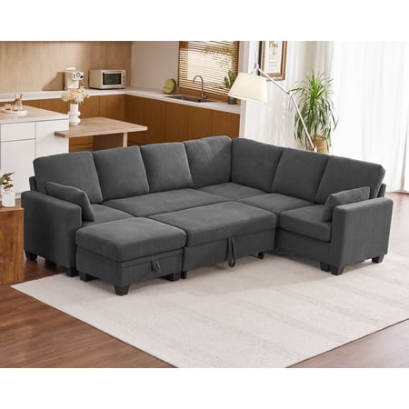 CHIC HOUSE 106" Modular Sofa with Pull Out Bed, Corduroy Sectional Convertible L-Shaped Sleeper with Storage Ottoman, 9 Seater Reversible Chaise Couches,Dark Grey