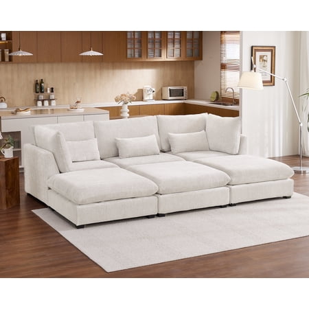 CHIC HOUSE 126" Oversized Modular Sofa, Extra Deep Cloud Chenille Sectional Couch with Ottoman Chaise, Fluffy 6 Seater Couch Bed for Living Room, Villa, White
