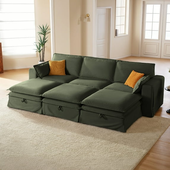 CHIC HOUSE 125.6" Modula Sleeper Sectional Sofa with Storage Ottoman, Removable Washable Slipcover, Waterproof & Pet-Scratch-Resistant, Cloud Dual Cushions, 6-Seater for Living Room, Green