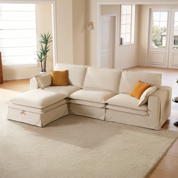 CHIC HOUSE 125.6" Modular L-Shaped Sectional Sofa with Storage Ottoman, Removable Washable Slipcover, Waterproof & Pet-Scratch-Resistant, Cloud Dual Cushions, 4-Seater for Living Room, Beige