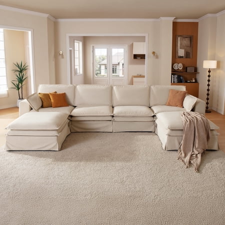 CHIC HOUSE 125.6" Modular U-Shaped Sofa Set with Storage Ottoman, Removable Washable Slipcover, Waterproof & Pet-Scratch-Resistant, Cloud Dual-Layer Cushions, 6-Seater Couch for Living Room, Beige