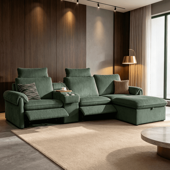 CHIC HOUSE 126" Modular Power Reclining L-Shaped Sectional Sofa with Storage Ottoman & Console, 3-Seat Extra-Wide Corduroy Couch with Chaise, Green