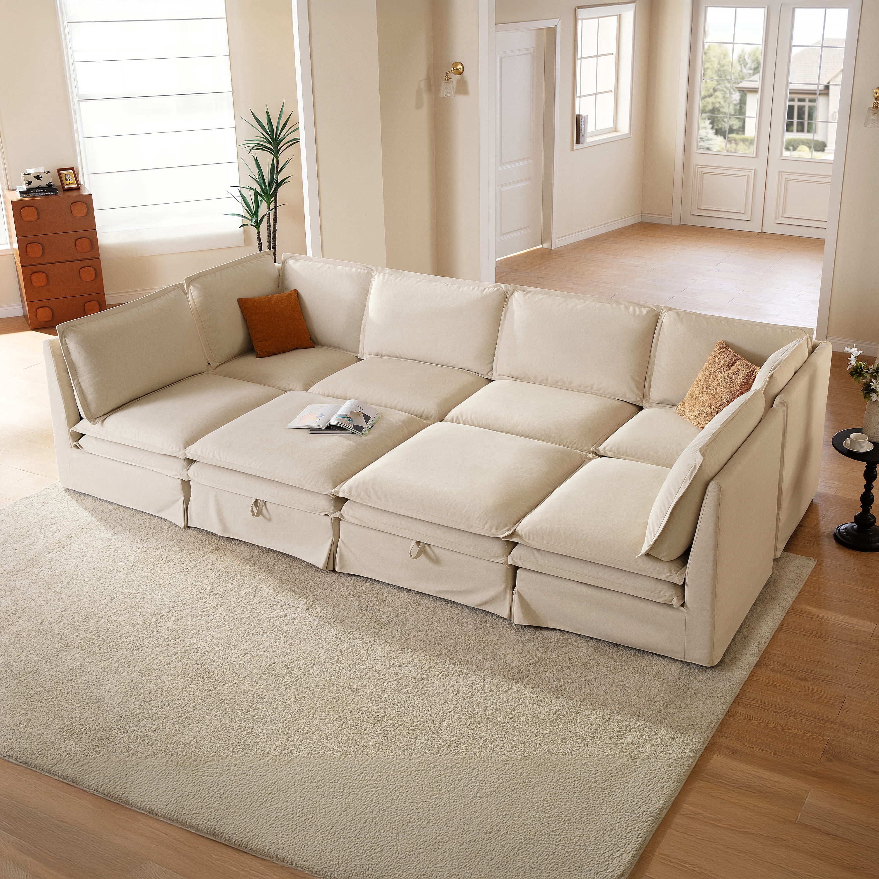CHIC HOUSE 146.4" Modular Sleeper Sectional Sofa with Storage Ottoman, Removable Washable Slipcover, Waterproof & Pet-Scratch-Resistant, Cloud Dual-Layer Cushions, 8-Seater for Living Room, Beige