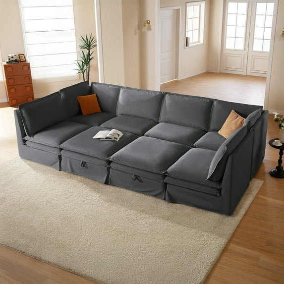 CHIC HOUSE 146.4" Modular Sleeper Sectional Sofa with Storage Ottoman, Removable Washable Slipcover, Waterproof & Pet-Scratch-Resistant, Cloud Dual-Layer Cushions, 8-Seater for Living Room, Gray