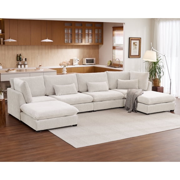 CHIC HOUSE 168" Oversized Modular Sofa, Extra Deep Cloud Chenille Sectional Couch with Ottoman Chaise, Fluffy 6 Seat U-Shaped Sofa for Living Room, Villa, White