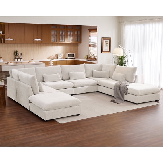 CHIC HOUSE 168" Oversized Modular Sofa, Extra Deep Cloud Chenille Sectional Couch with Ottoman Chaise, Fluffy 8 Seat U-Shaped Sofa for Living Room, Villa, White