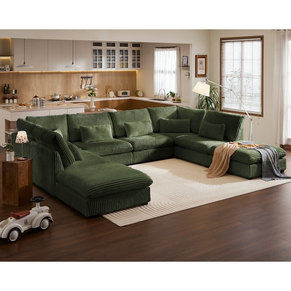 CHIC HOUSE 168" U-Shaped Sectional Couch with Reversible Chaise – 8-Seater Oversized Modular Sofa Cloud Plush Corduroy for Large Living Room – Green