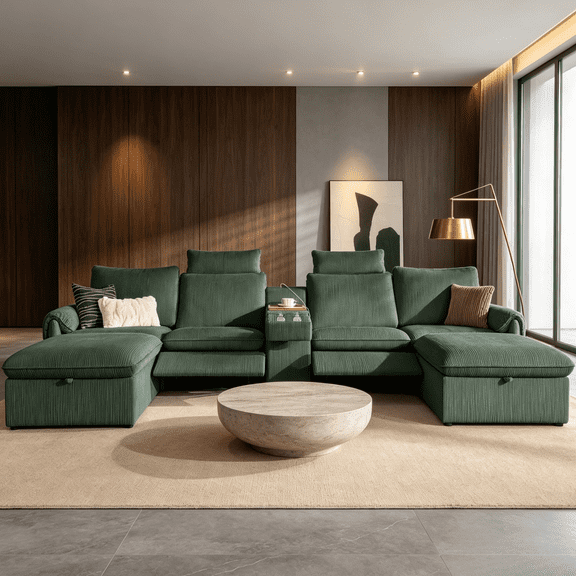 CHIC HOUSE 181" U-Shaped Modular Power Reclining Sectional Sofa with 2 Storage Ottomans & Console, 4-Seat Extra-Wide Corduroy Couch for Living Room, Green