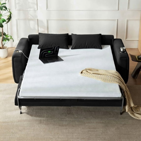 CHIC HOUSE Queen Sleeper Sofa Bed with Mattress, Pull Out Couch with USB Charging, Cup Holders & LED Light, Convertible Chenille Loveseat for Living Room RV Small Spaces, Black