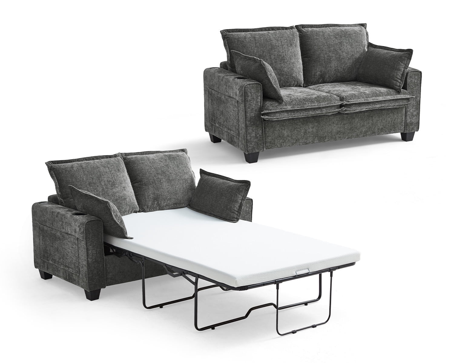 CHIC HOUSE 2-in-1 Pull-Out Sofa Bed - Full/Queen Chenille Sleeper With Memory Foam, USB & LED