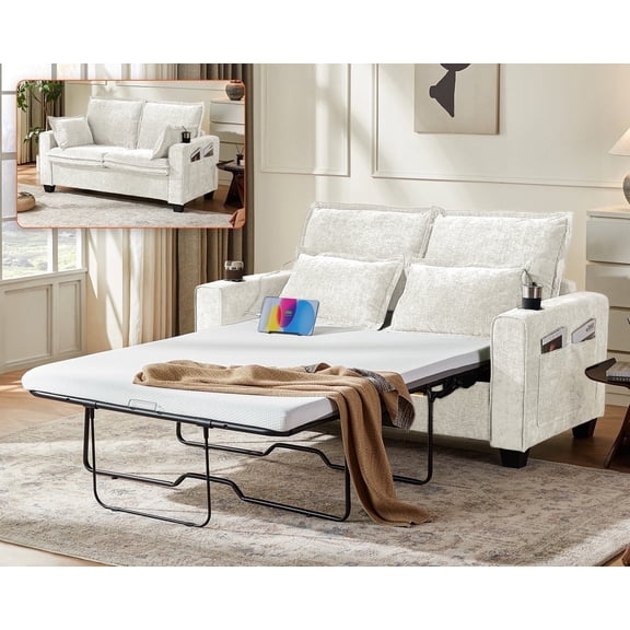 CHIC HOUSE Full Sleeper Sofa Bed Pull Out Couch with Mattress USB, Convertible Chenille Couch for Living Room, Loveseat Sleeper Bed for Small Spaces, RV Sofa Sleeper with Cup Holder LED Light, Beige