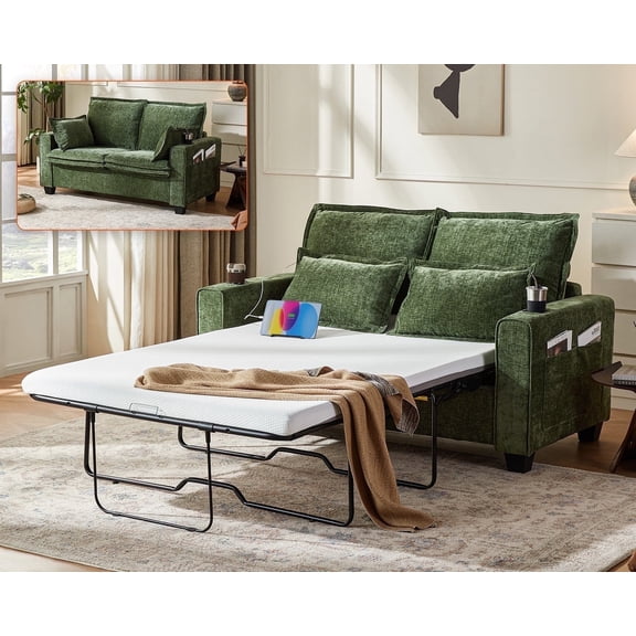 CHIC HOUSE Full Sleeper Sofa Bed Pull Out Couch with Mattress USB, Convertible Chenille Couch for Living Room, Loveseat Sleeper Bed for Small Spaces, RV Sofa Sleeper with Cup Holder LED Light, Green