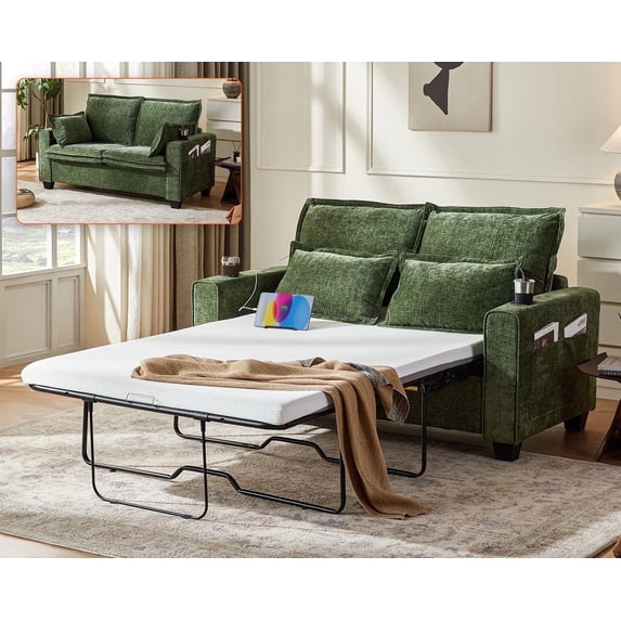 CHIC HOUSE Full Sleeper Sofa Bed Pull Out Couch with Mattress USB, Convertible Chenille Couch for Living Room, Loveseat Sleeper Bed for Small Spaces, RV Sofa Sleeper with Cup Holder LED Light, Green