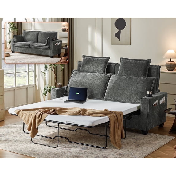 CHIC HOUSE Queen Sleeper Sofa Bed Pull Out Couch with Mattress USB, Convertible Chenille Couch for Living Room, Loveseat Sleeper Bed for Small Spaces, RV Sofa Sleeper with Cup Holder LED Light, Gray