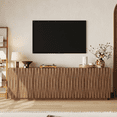 thumbnail image 1 of CHIC HOUSE 70" Fluted TV Stand for TVs up to 75", Mid-Century Modern Tall Media Cabinet with 4 Doors & Shelves, Wave-Inspired Wooden TV Console for Living Room, Bedroom, Walnut, 1 of 6