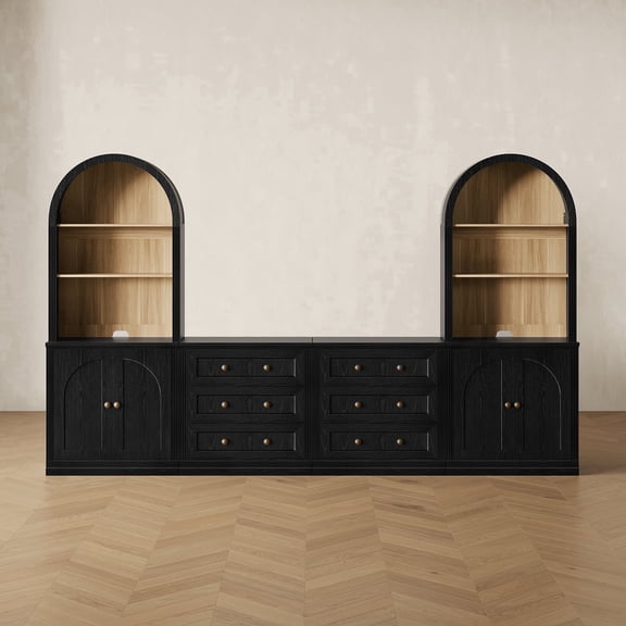 CHIC HOUSE 4 Piece Arched Entertainment Center with Storage, Modular TV Stand for TVs up to 65", 3-Drawer Dressers, Arched Cabinets & Arched Bookshelves, Black