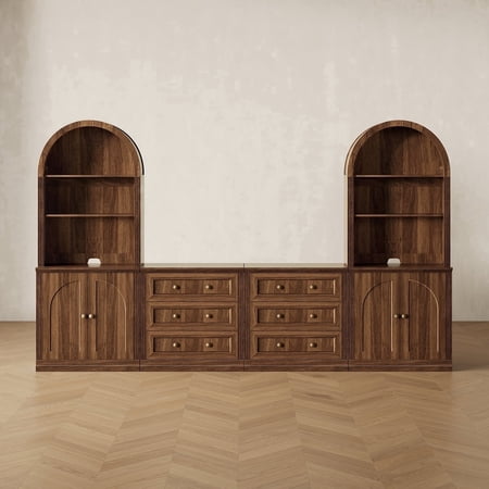 CHIC HOUSE 4 Piece Arched Entertainment Center with Storage, Modular TV Stand for TVs up to 65", 3-Drawer Dressers, Arched Cabinets & Arched Bookshelves, Walnut