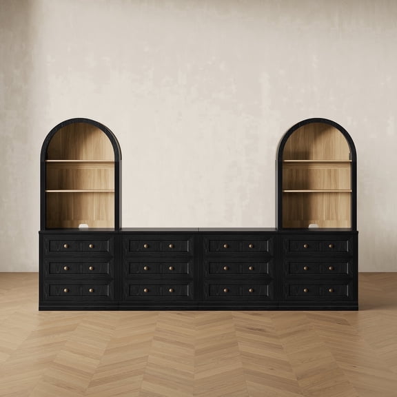 CHIC HOUSE 4 Piece Arched Entertainment Center with Storage, Modular TV Stand for TVs up to 65", 3-Drawer Dressers & Arched Bookshelves, Black