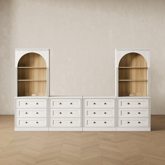 CHIC HOUSE 4 Piece Arched Entertainment Center with Storage, Modular TV Stand for TVs up to 65", 3-Drawer Dressers & Open Hutch Bookshelves, White