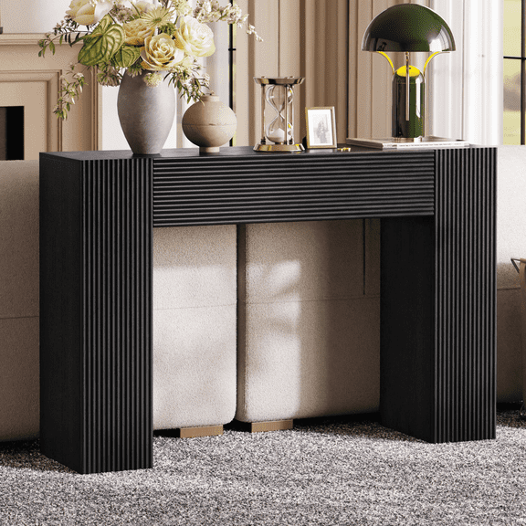 CHIC HOUSE 43" Fluted Console Table with Hidden Storage, Narrow Entryway Table Behind Couch, Modern Wood Sofa Table with Adjustable Shelves for Living Room, Hallway, Black