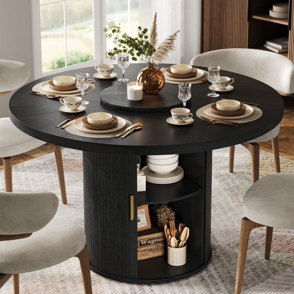 CHIC HOUSE 47" Round Dining Table with Storage Shelf, Farmhouse Fluted Kitchen Table with Removable Lazy Susan & Sliding Doors for Dining Room, Black