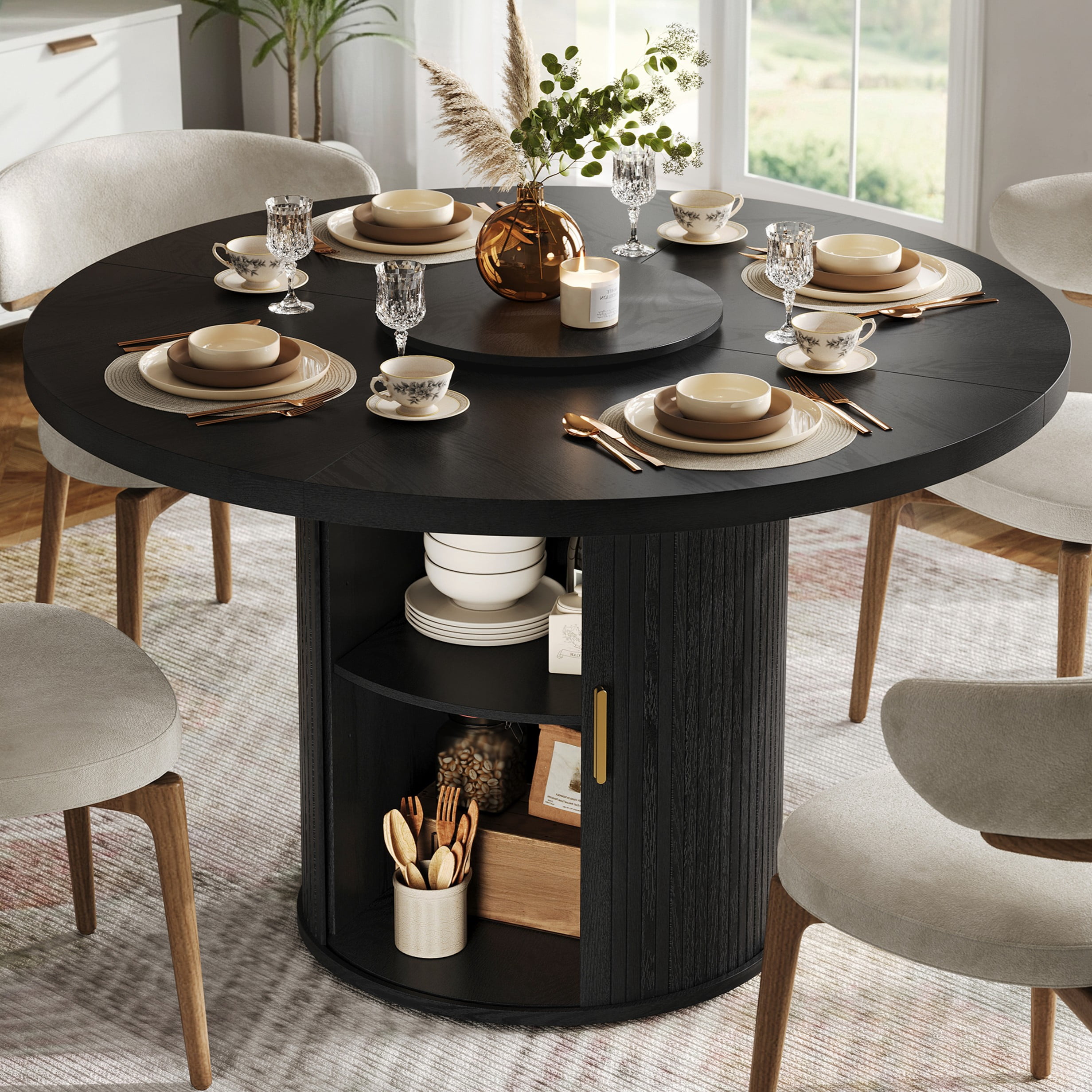 CHIC HOUSE 47" Round Dining Table with Storage Shelf, Farmhouse Fluted Kitchen Table with Removable Lazy Susan & Sliding Doors for Dining Room, Black