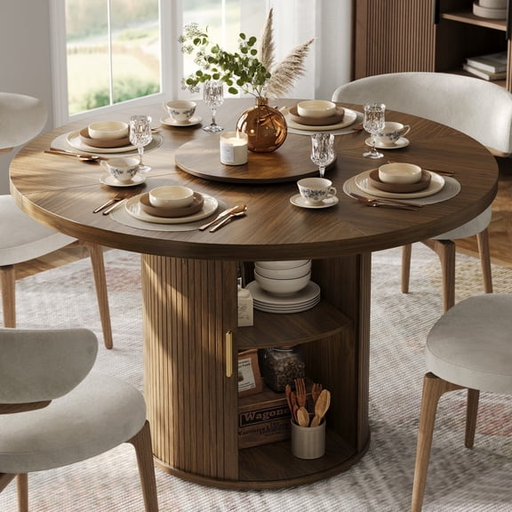 CHIC HOUSE 47" Round Dining Table with Storage Shelf, Farmhouse Fluted Kitchen Table with Removable Lazy Susan & Sliding Doors for Dining Room, Walnut