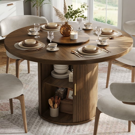 CHIC HOUSE 47" Round Dining Table with Storage Shelf, Farmhouse Fluted Kitchen Table with Removable Lazy Susan & Sliding Doors for Dining Room, Walnut
