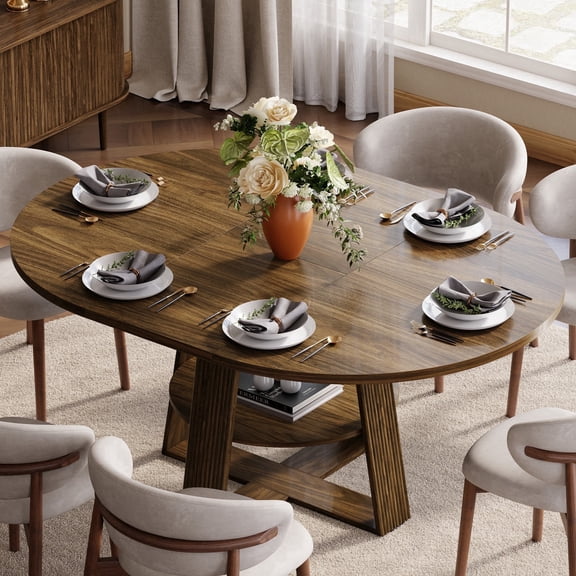 CHIC HOUSE 59" Extendable Round Dining Table for 4 to 6 with Storage Shelf, Farmhouse Fluted Kitchen Table with Removable Lazy Susan & Sliding Doors for Dining Room, Small Spaces, Walnut