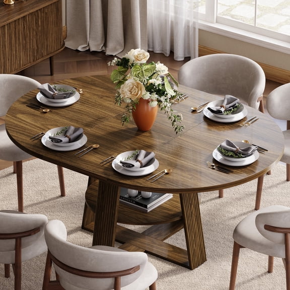 CHIC HOUSE 59" Extendable Round Dining Table for 4 to 6 with Storage Shelf, Farmhouse Fluted Kitchen Table with Removable Lazy Susan & Sliding Doors for Dining Room, Small Spaces, Walnut