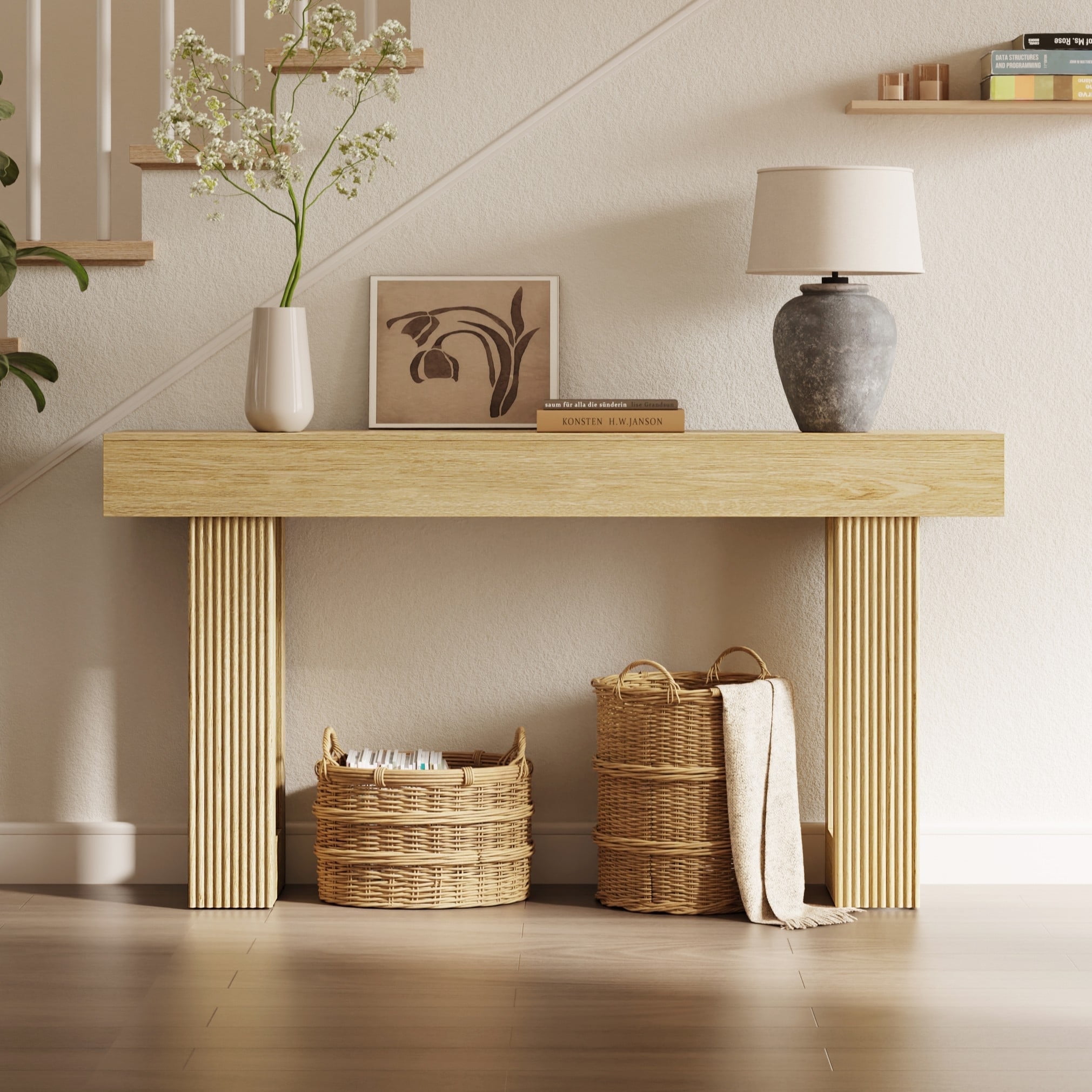 CHIC HOUSE 63" Fluted Entryway Console Table, Farmhouse Long Narrow Wooden Sofa Table Behind the Couch for Living Room, Hallway, Entrance, Foyer, Natural Oak