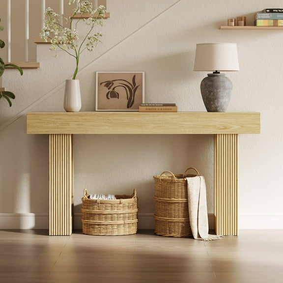 CHIC HOUSE 63" Fluted Entryway Console Table, Farmhouse Long Narrow Wooden Sofa Table Behind the Couch for Living Room, Hallway, Entrance, Foyer, Natural Oak