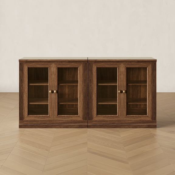 CHIC HOUSE 63" Storage Cabinet Set of 2 with Acrylic Doors, Modular Fluted Sideboard Buffet Cabinet, Coffee Bar Kitchen Pantry, Farmhouse Media Console Cabinet for Living Room, Bedroom, Walnut