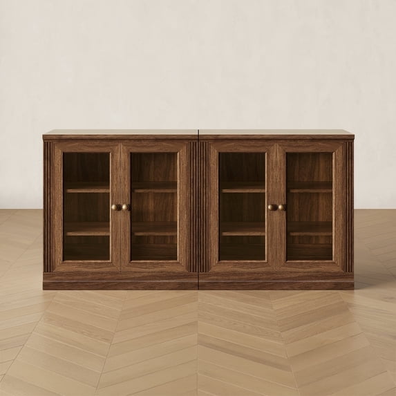 CHIC HOUSE 63" Storage Cabinet Set of 2 with Acrylic Doors, Modular Fluted Sideboard Buffet Cabinet, Coffee Bar Kitchen Pantry, Farmhouse Media Console Cabinet for Living Room, Bedroom, Walnut