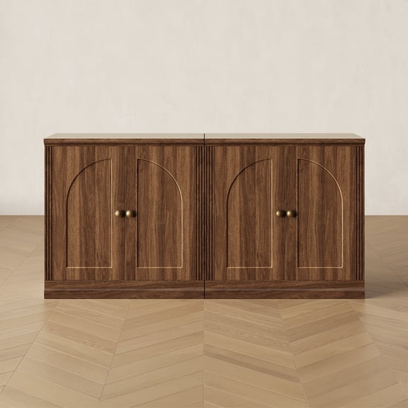 CHIC HOUSE 63" Storage Cabinet Set of 2 with Doors & Shelves, Modular Fluted Accent Arched Sideboard Buffet Cabinet, Coffee Bar Kitchen Pantry, Media Console Cabinet for Living Room, Bedroom, Walnut