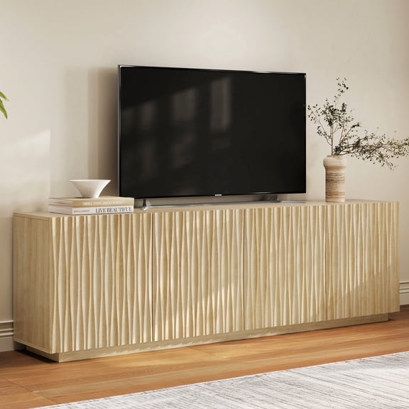 CHIC HOUSE 70" Fluted TV Stand for TVs up to 75", Mid-Century Modern Tall Media Cabinet with 4 Doors & Shelves, Wave-Inspired Wooden TV Console for Living Room, Bedroom, Oak