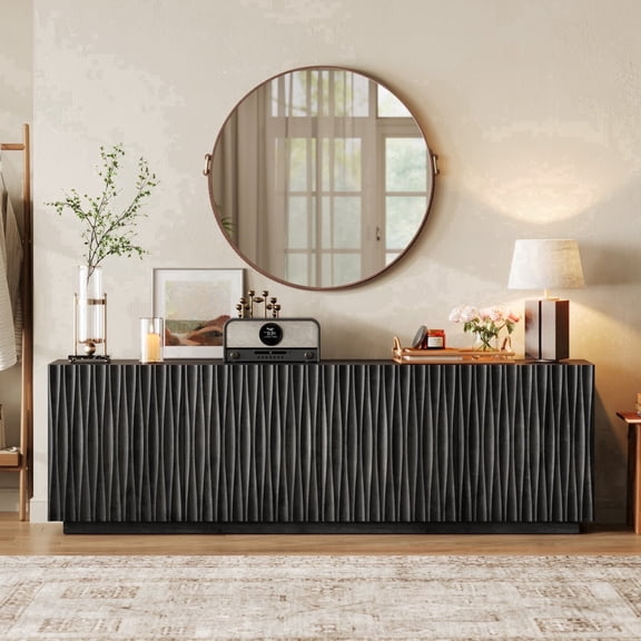 CHIC HOUSE 70" Sideboard Media Cabinet with Storage, Fluted Wood Buffet Cabinet, Media Console TV Stand Wood Credenza for Living Room, Black
