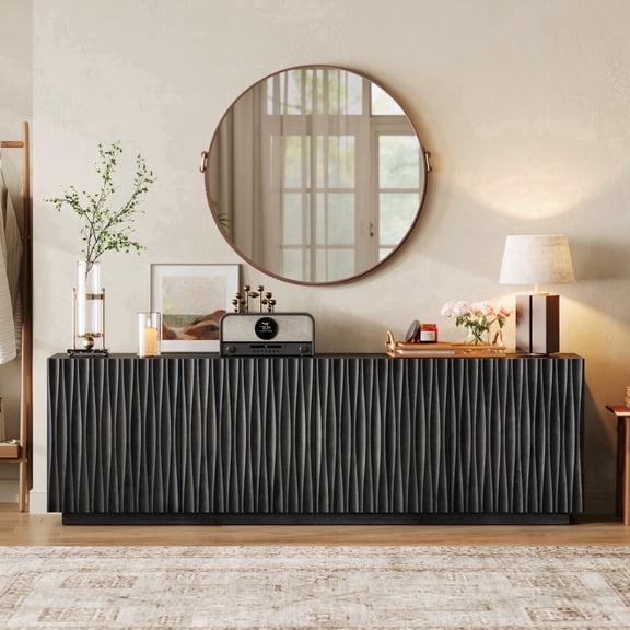 CHIC HOUSE 70" Sideboard Media Cabinet with Storage, Fluted Wood Buffet Cabinet, Media Console TV Stand Wood Credenza for Living Room, Black