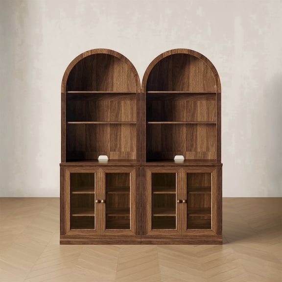 CHIC HOUSE 76.5" Arched Storage Cabinets Set of 2 with Hutch, Kitchen Pantry Cabinets with Acrylic Doors & Shelves, Arch Bookcase for Home Office, Living Room, Walnut