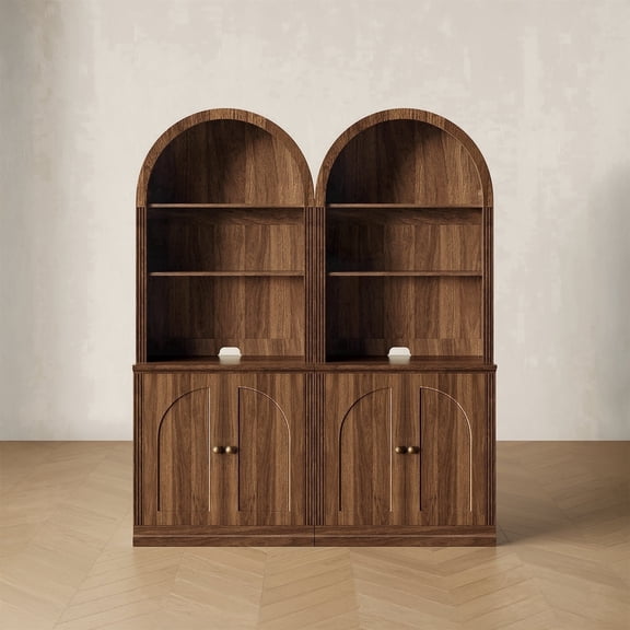 CHIC HOUSE 76.5" Arched Storage Cabinets Set of 2 with Hutch, Kitchen Pantry Cabinets with Doors & Shelves, Arch Bookcase for Home Office, Living Room, Walnut