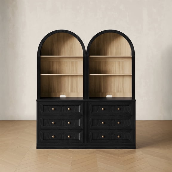 CHIC HOUSE 76.5" Arched Storage Cabinets Set of 2 with Hutch, Kitchen Pantry Cabinets with Drawers & Shelves, Arch Bookcase for Home Office, Living Room, Black